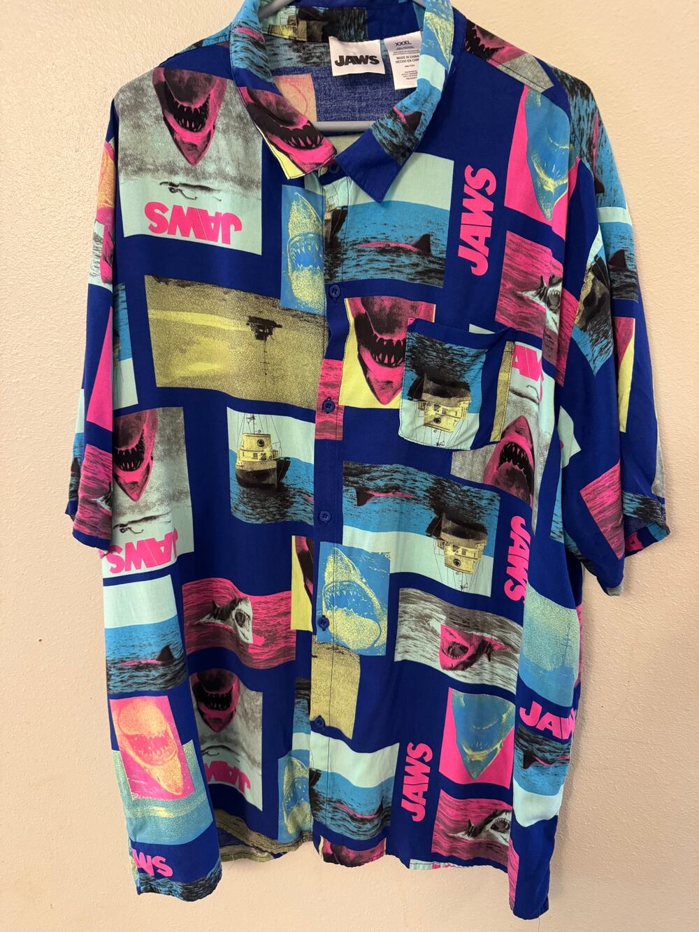 Jaws hawaiian button down shirt men's 3XL blue multicolor rayon